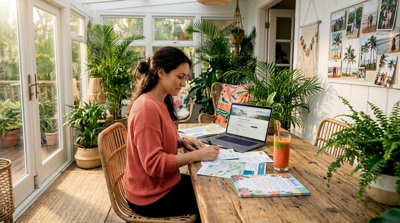 Woman organizing family travel booking documents