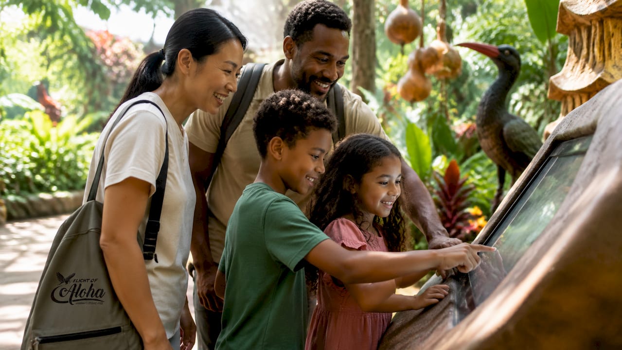 Family engaging with interactive exhibit at attraction