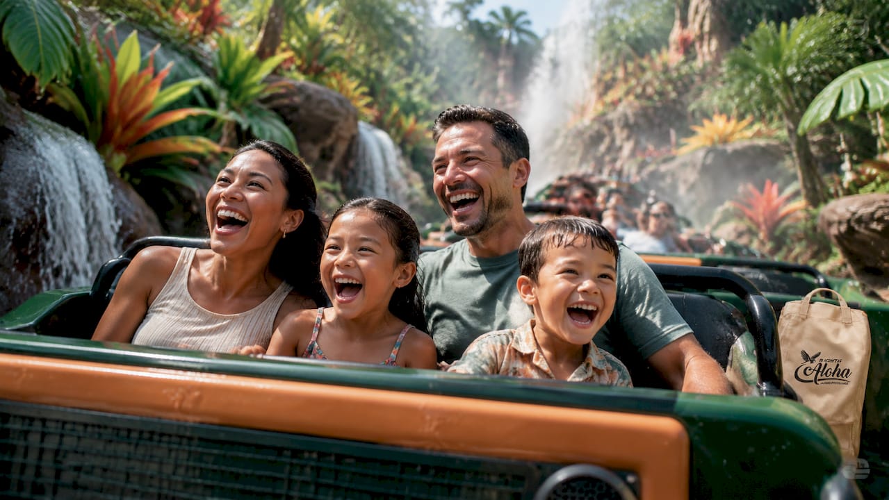 Family on indoor multisensory roller coaster ride