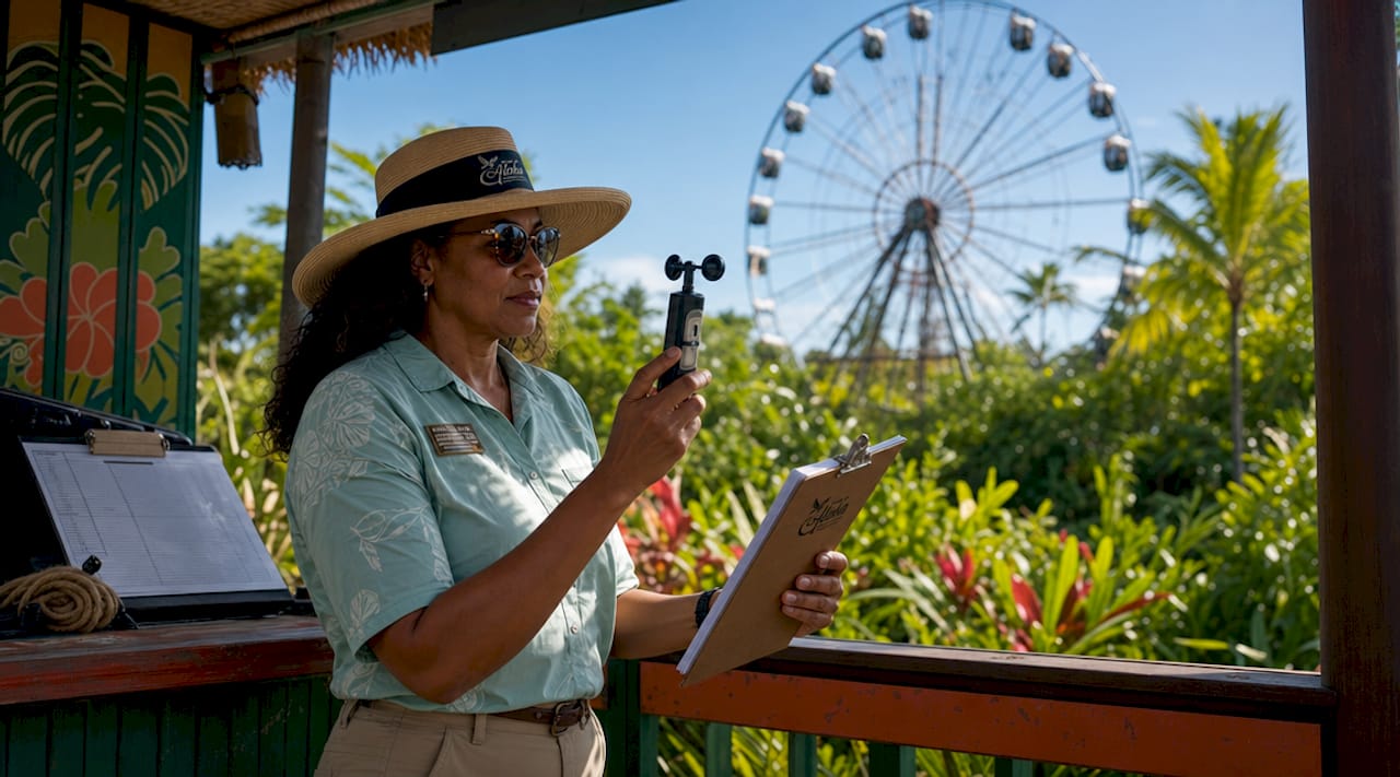 Ride operator assessing wind speed outdoors