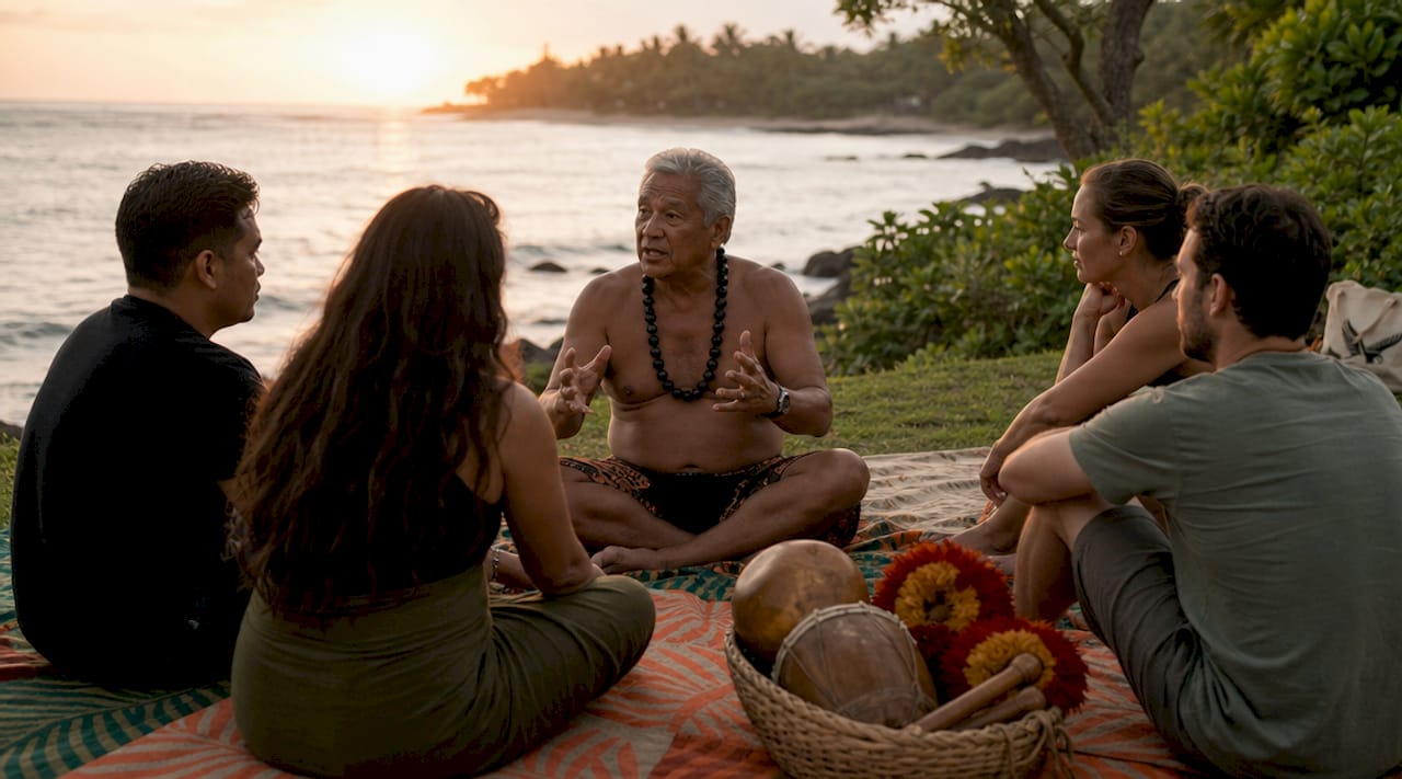 Community storytelling session under banyan tree