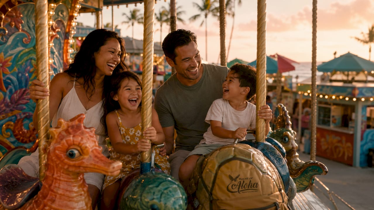 Family riding colorful carousel outdoors