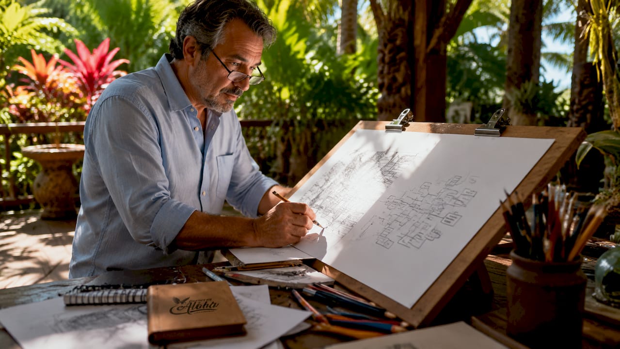 Theme park designer sketching narration storyboard
