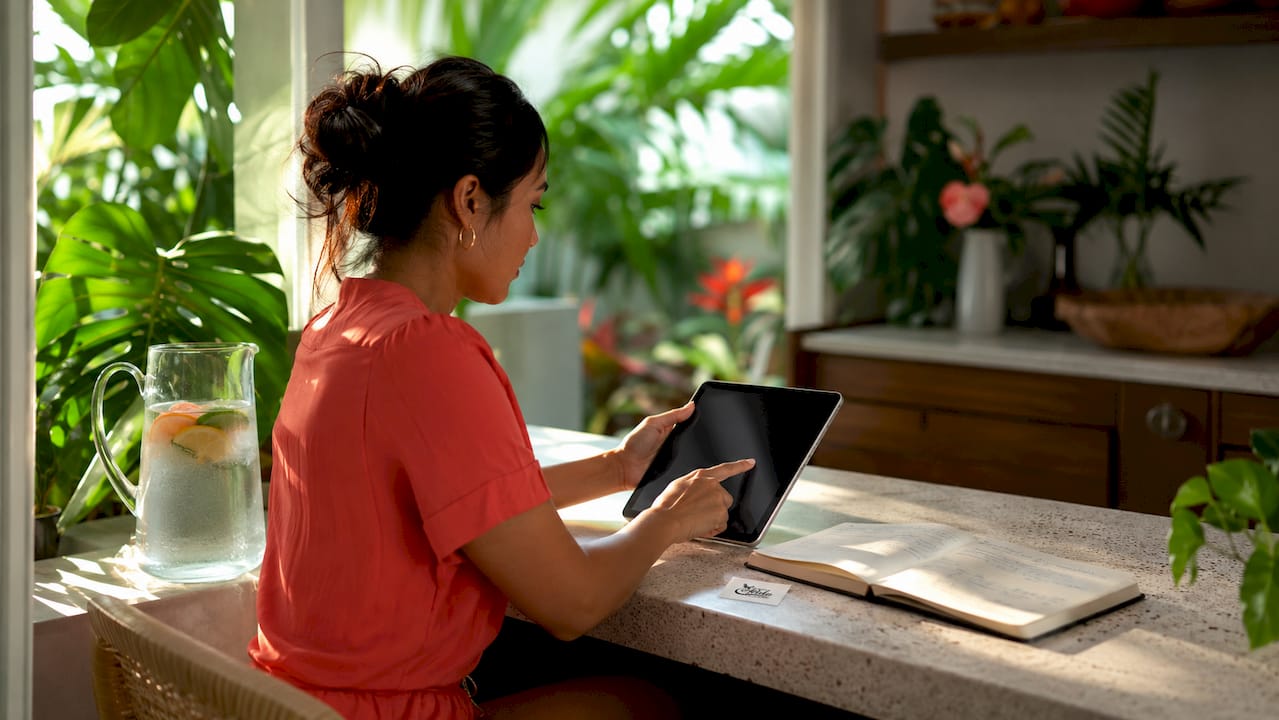 Woman booking VIP experience on tablet
