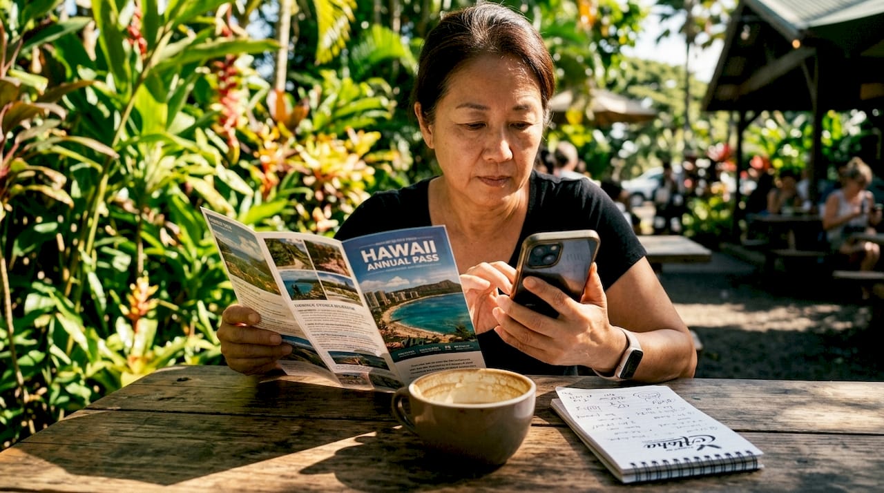 Woman reviewing Hawaii annual pass brochure at home