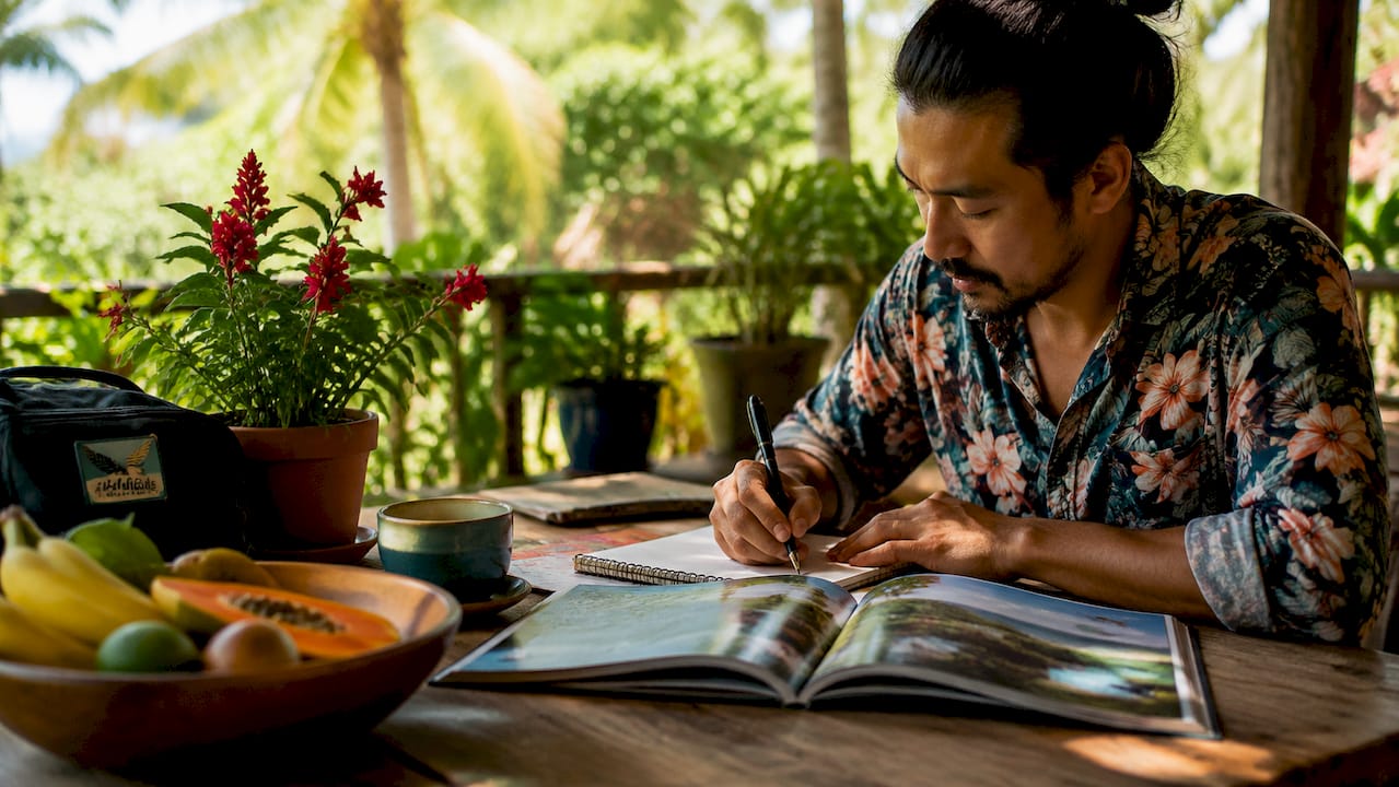 Person planning Hawaiian attractions at kitchen table