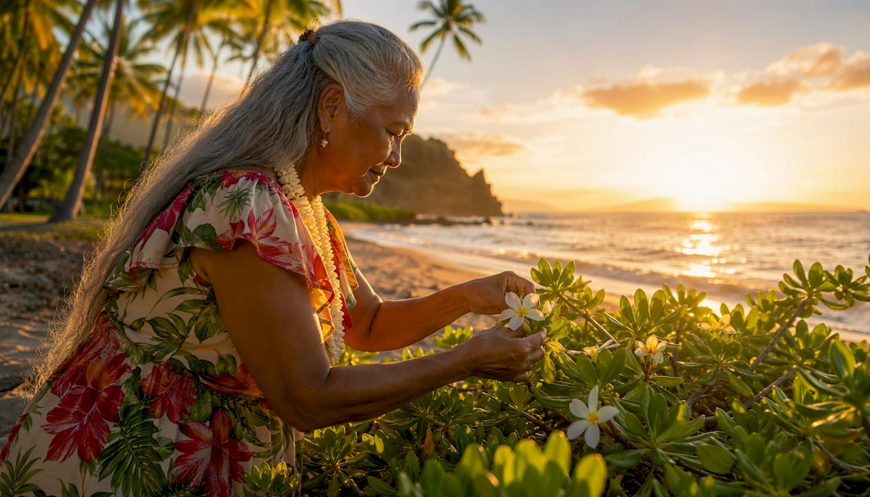 Elder Hawaiian woman gathering Naupaka flowers