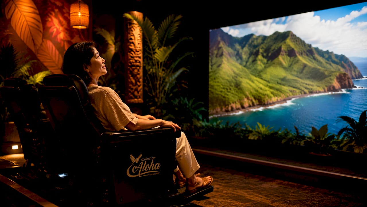 Visitor enjoying Flight of Aloha indoor waterfall experience