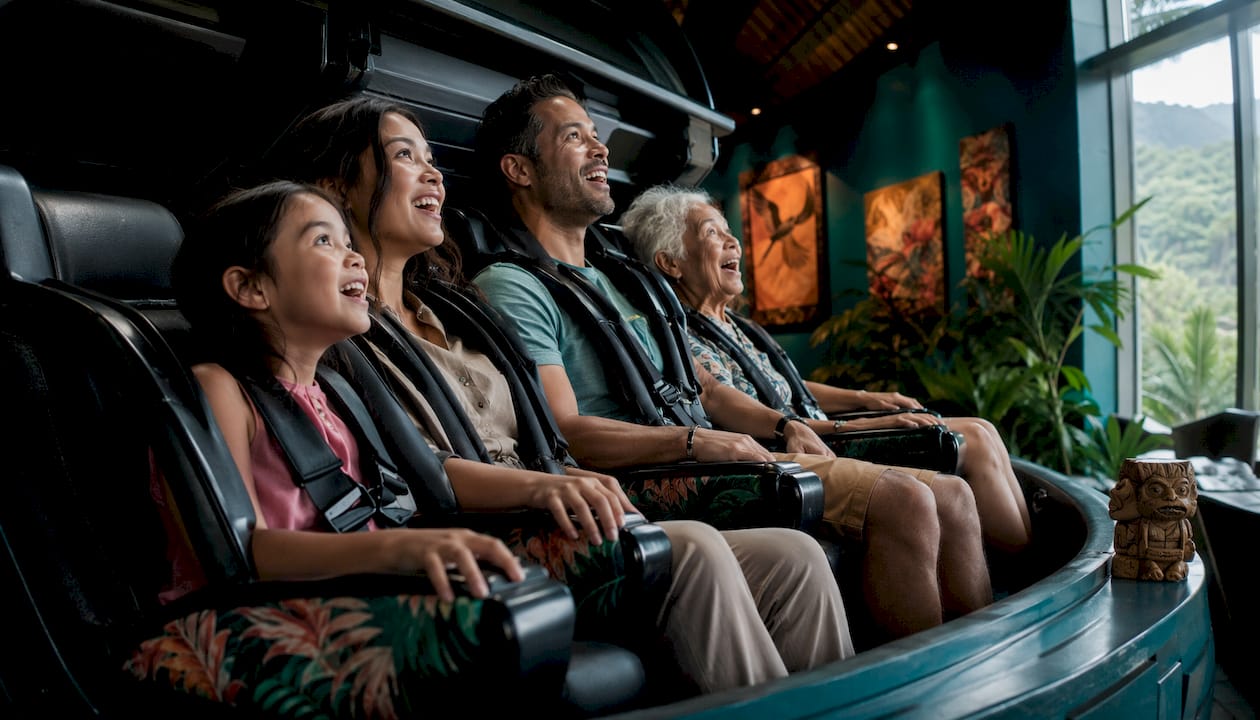 Family enjoying 4D motion simulator ride indoors