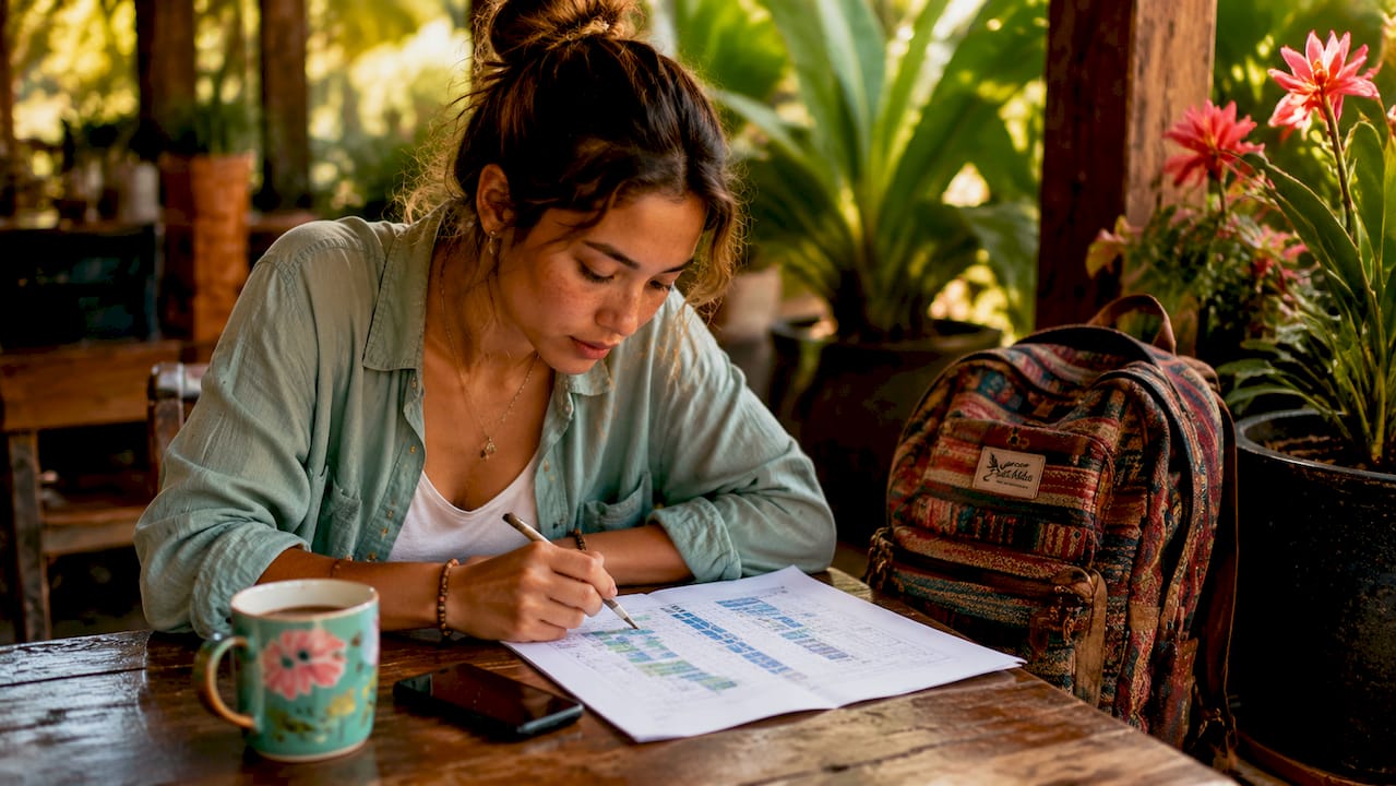 Traveler examining airplane seat map in café