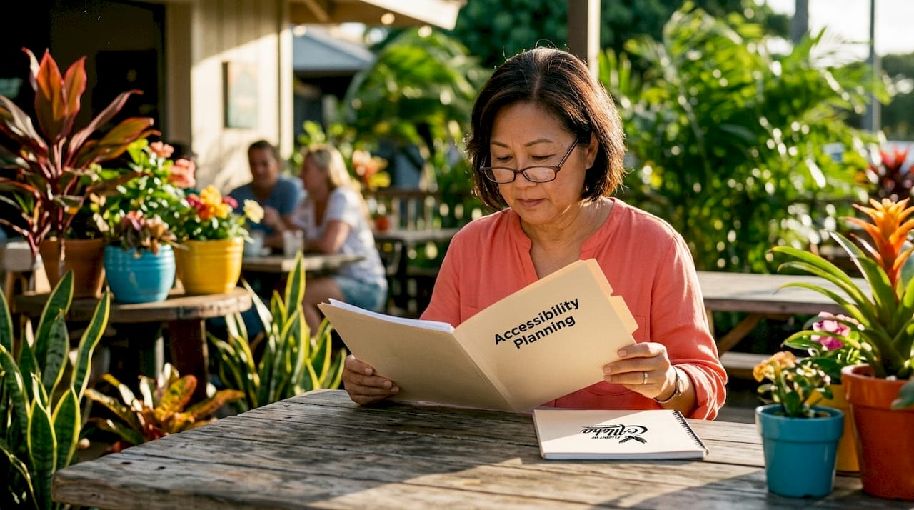 Woman reviewing accessibility planning documents in library