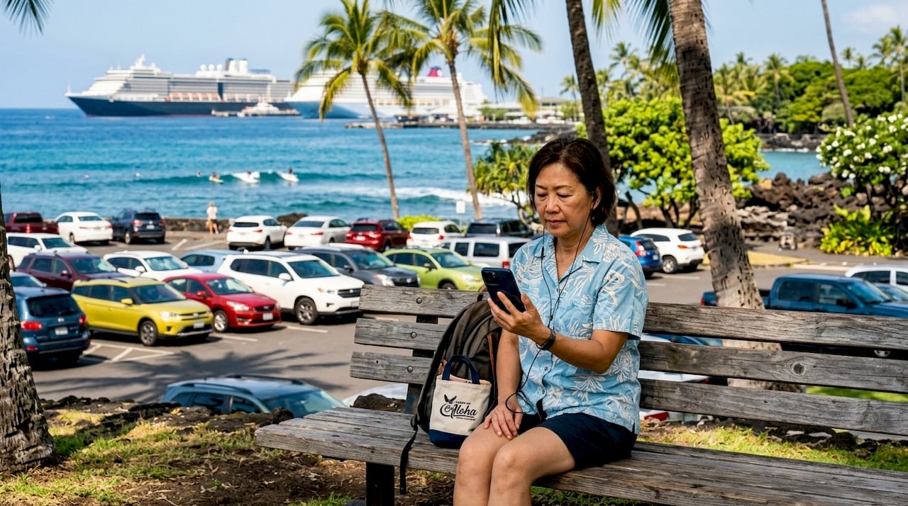 Woman using GPS app for Kona cruise tour