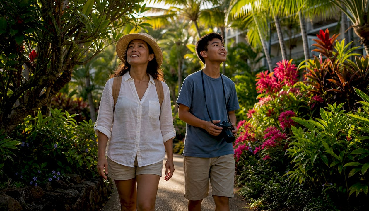 Mother and son walking near Hawaiian temple by hotel