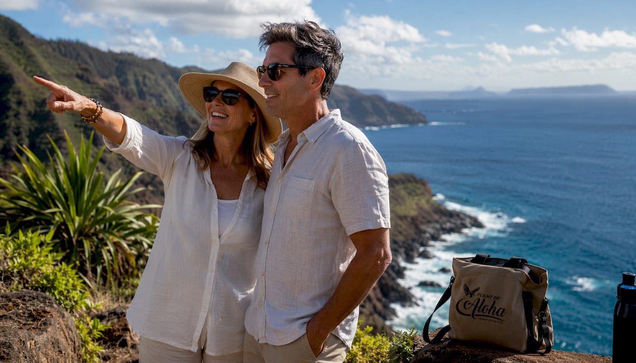 Couple preparing for scenic helicopter tour in Kona