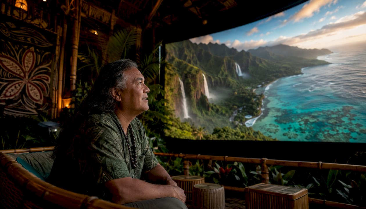 Visitor inside immersive flying theater in Hawaii