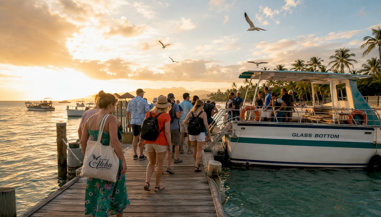 Tourists boarding glass-bottom boat at Kailua Pier