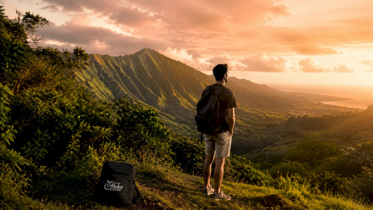 Man viewing Hawaiian mountain aerial landscape at sunrise