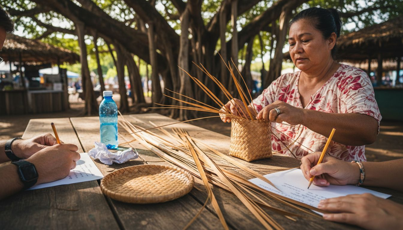 Artisan demonstrates basket weaving outdoors