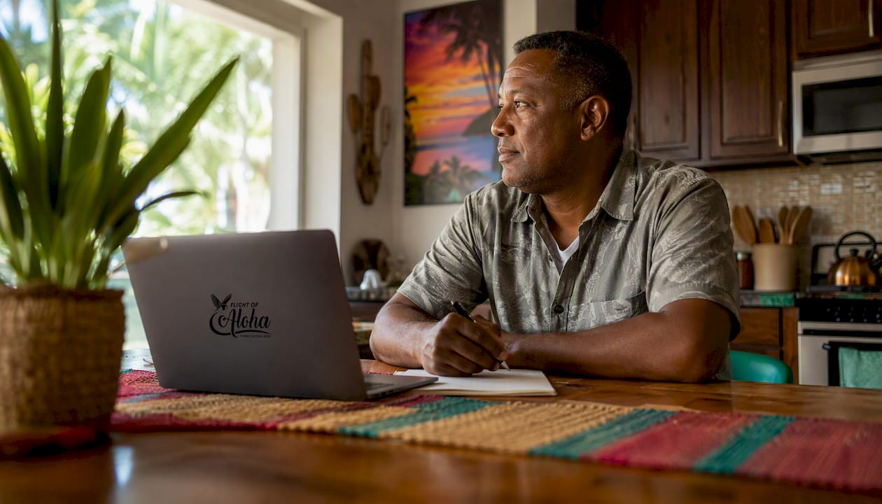 Man analyzing airline ticket prices at desk