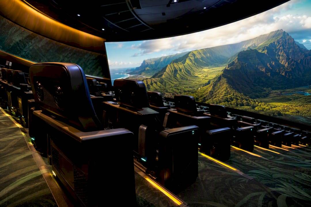Empty Flight of Aloha theater seats facing immersive Hawaiian flight screen