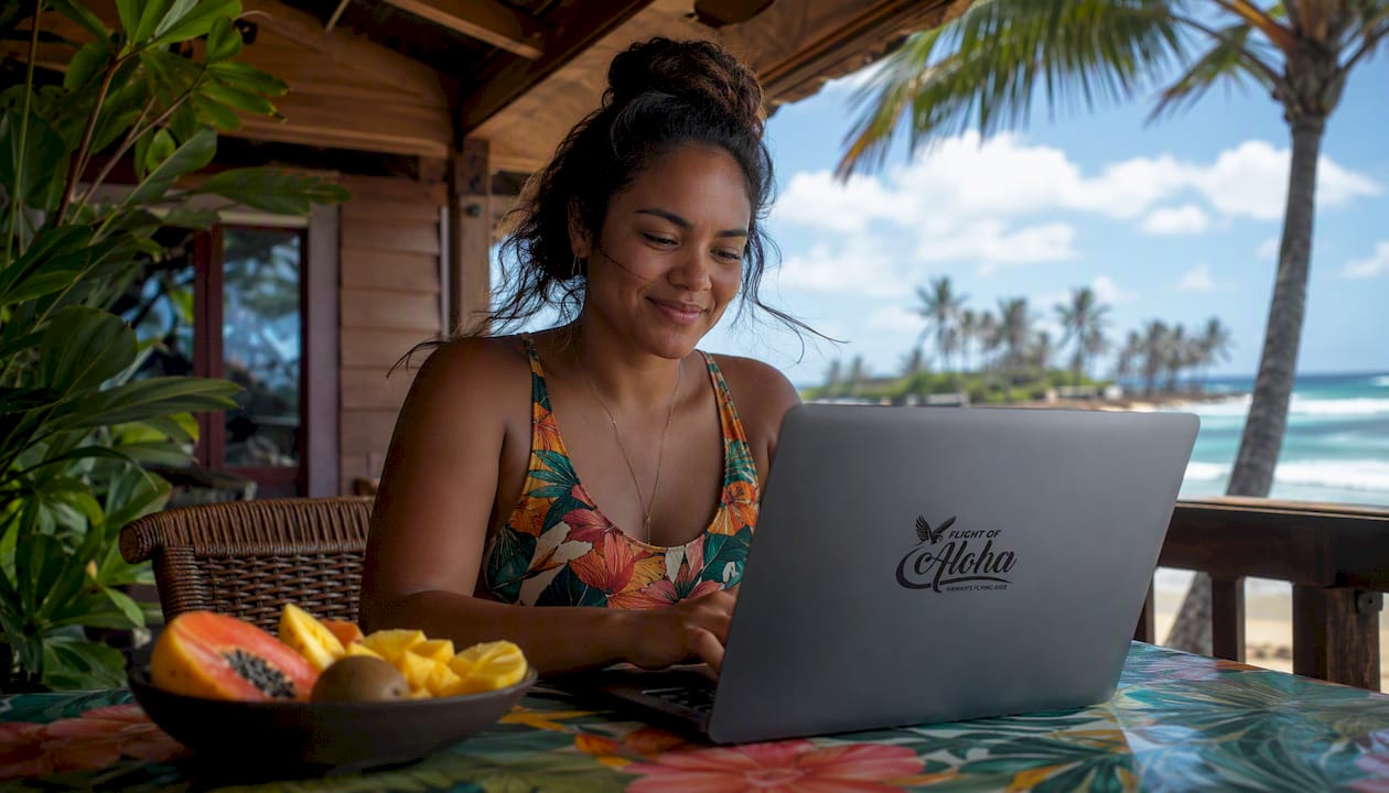 Woman booking discounted Flight of Aloha tickets on laptop