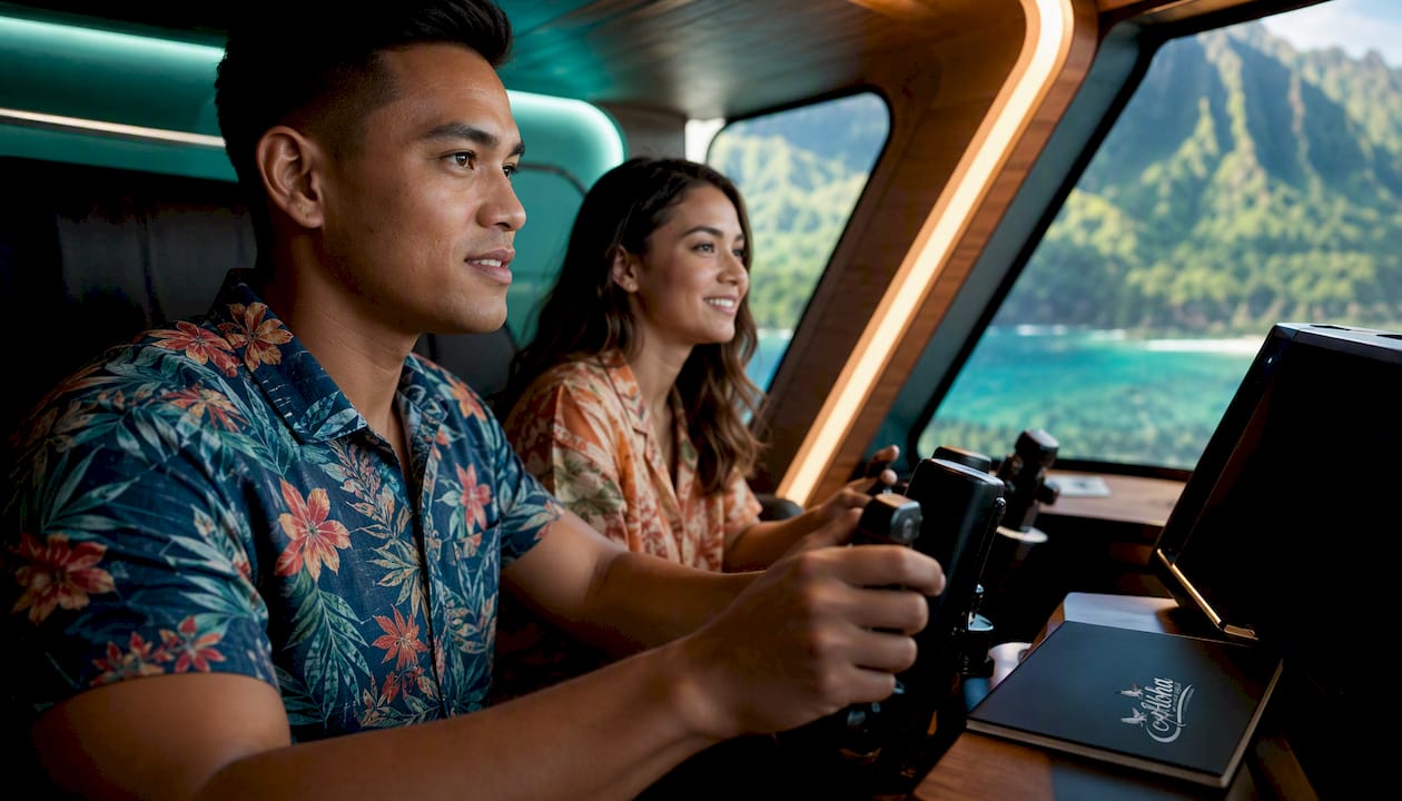 Couple operating flight simulator controls in Hawaii