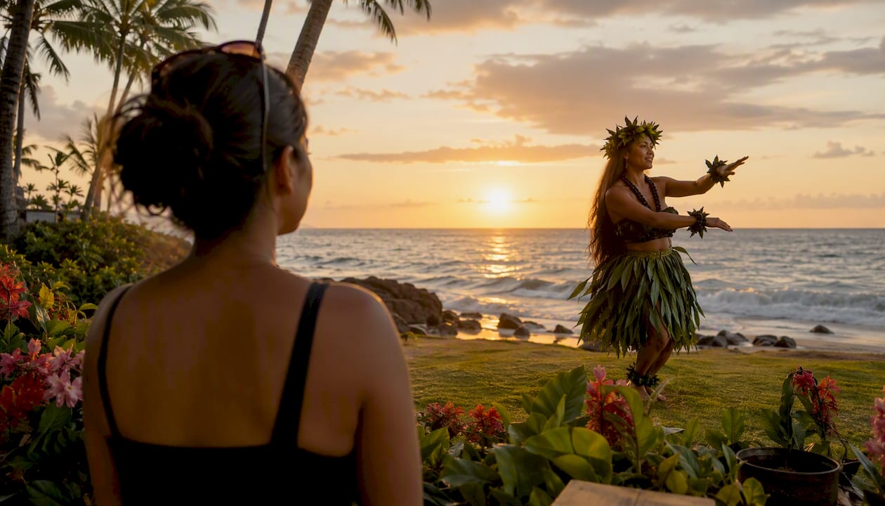 Visitor watching Hawaiian hula performance outdoors