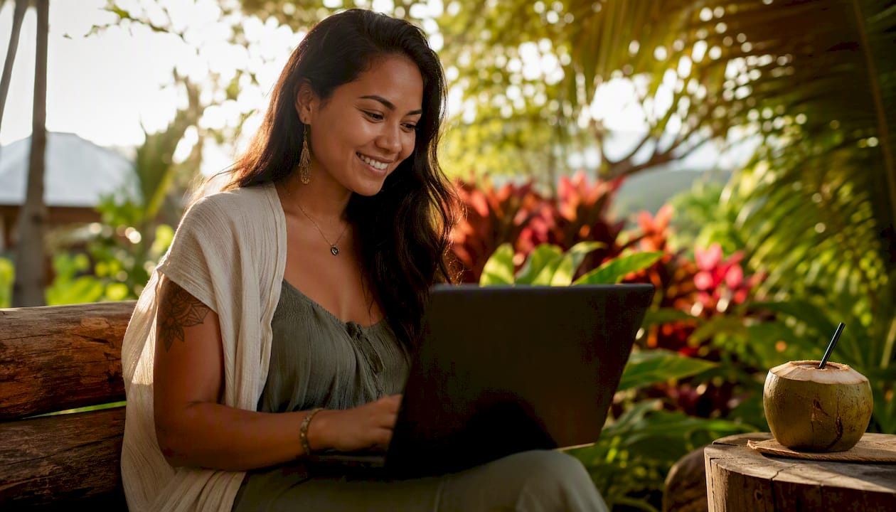 Person searching flights on laptop in tropical setting