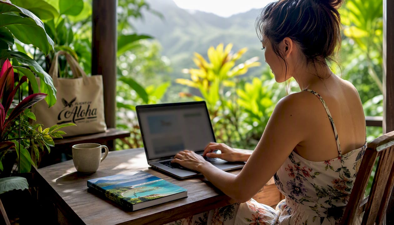Woman booking Hawaii flight online outdoors