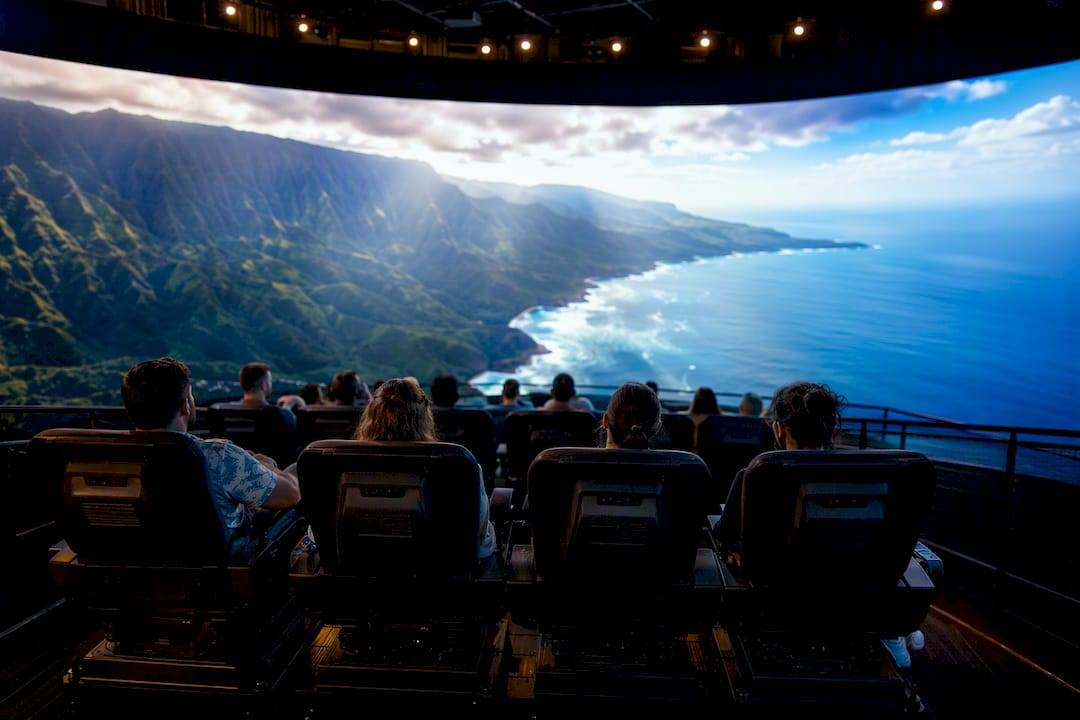 Motion seat and wrap-around screen in flying theater