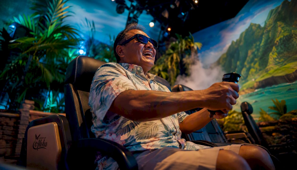 Man enjoying interactive flying theater ride in Hawaii