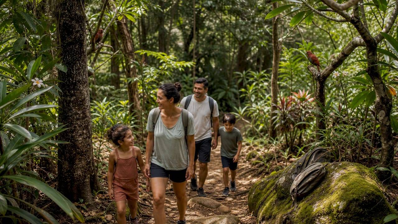 Family hiking on forest trail