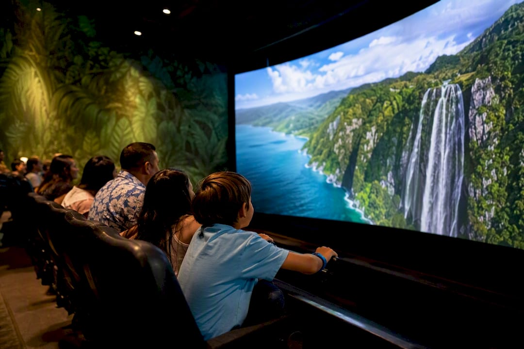 Guests experiencing immersive flying theatre ride