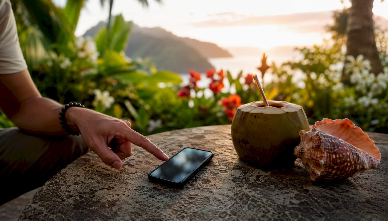 Hand holding smartphone for travel apps