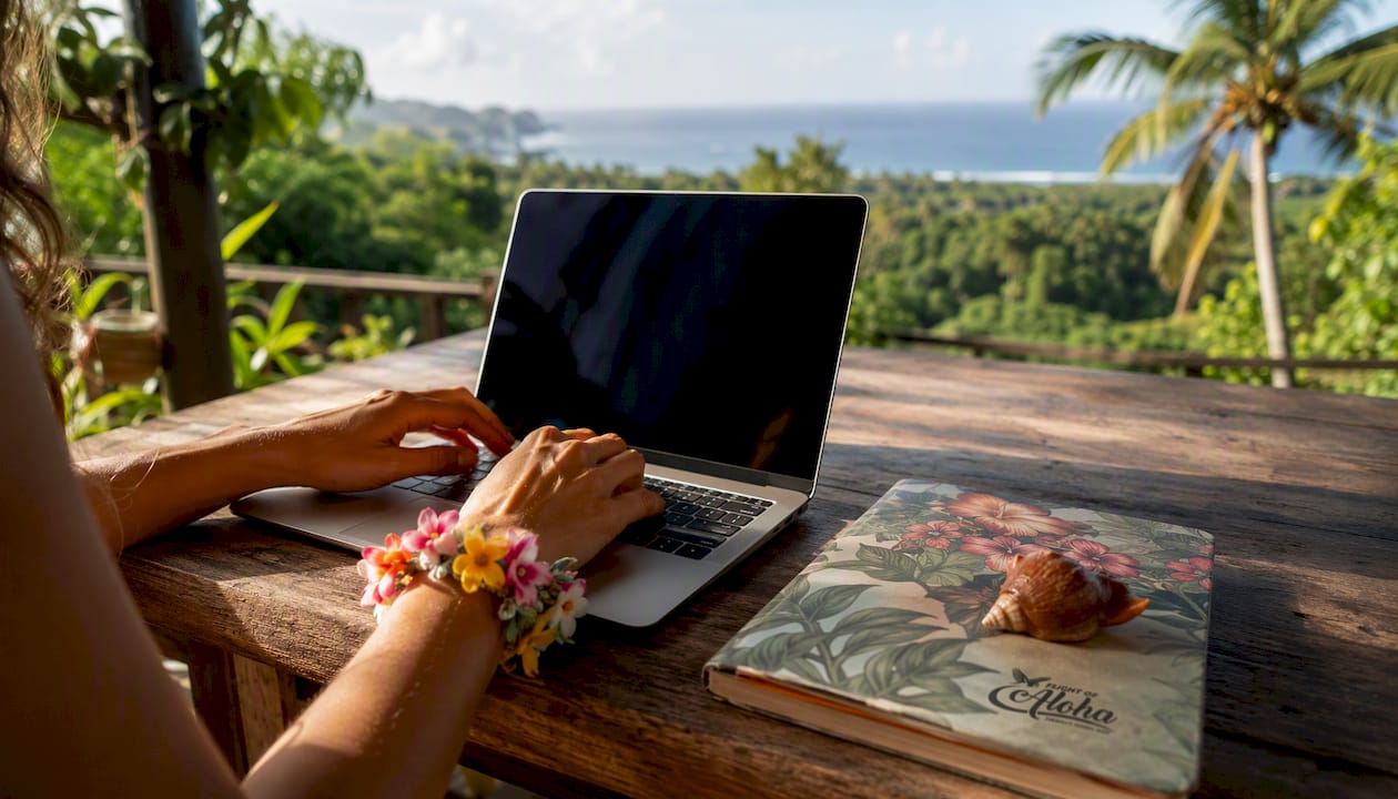 Hands typing on laptop with tropical travel props nearby