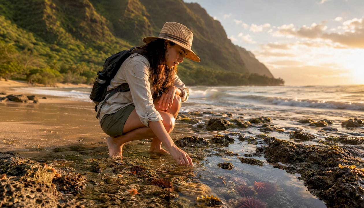 Woman observing marine life in Hawaiian tide pools