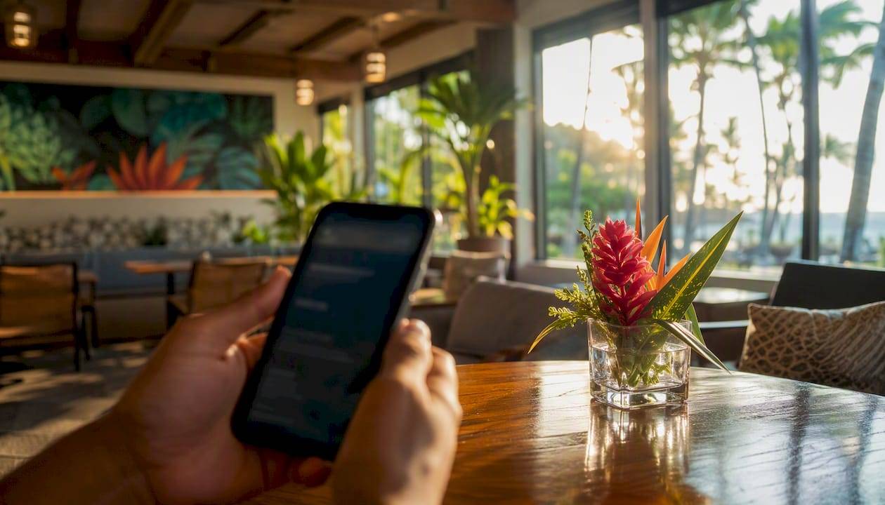 Hands holding smartphone booking Flight of Aloha tickets