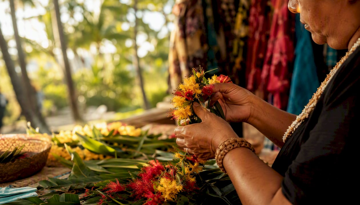 Hands weaving traditional Hawaiian lei