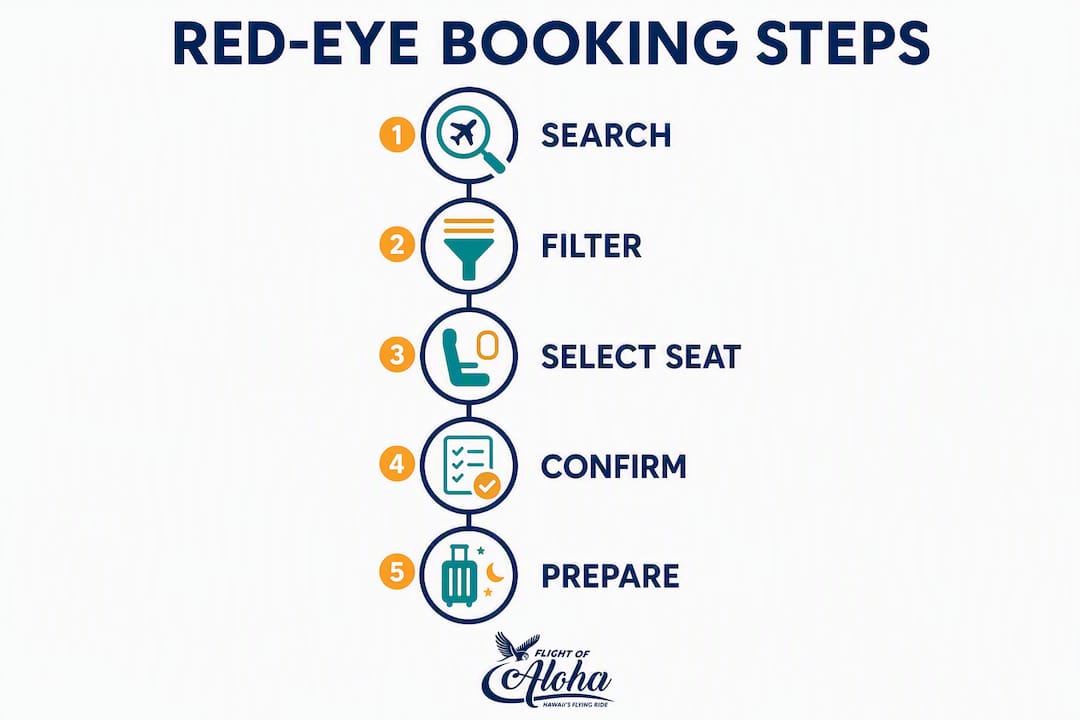 Infographic showing step-by-step red-eye booking tips
