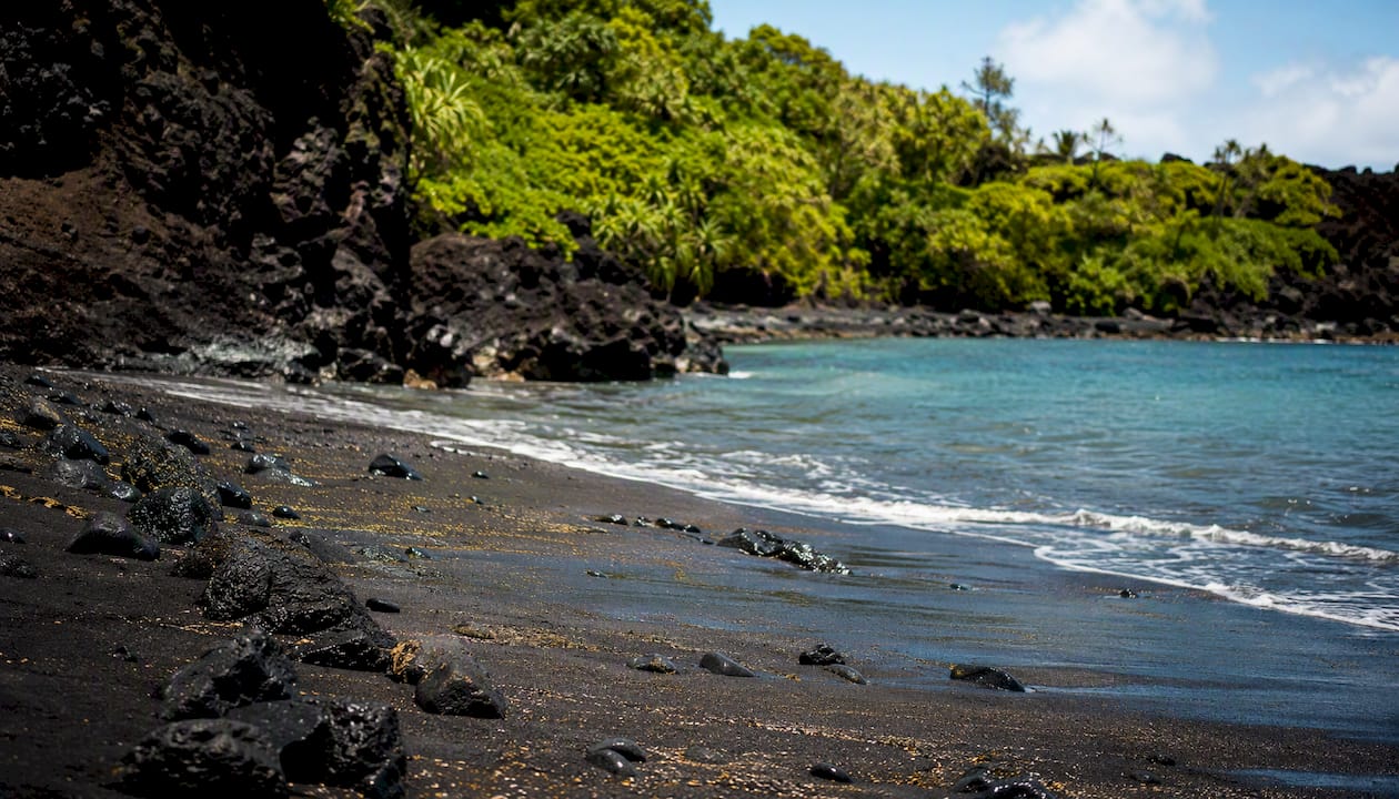 Black sand lava rock and greenery at Waiʻānapanapa beach