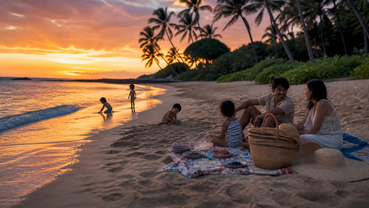 Family relaxing on beach at sunset