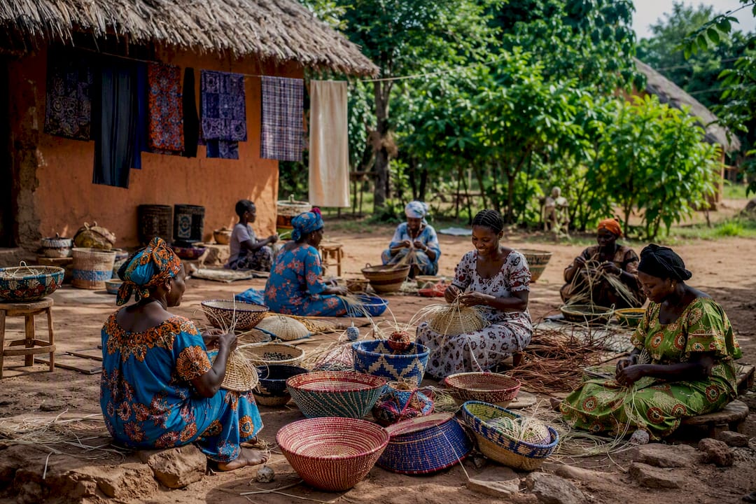 Artisans painting traditional fabrics outdoors