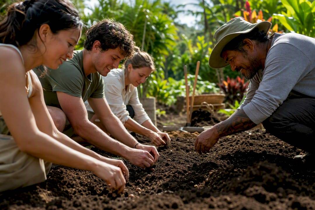Travelers planting native plants on Hawaiian farm