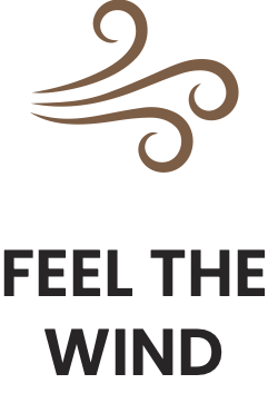 Swirling wind icon above the text 'FEEL THE WIND'.