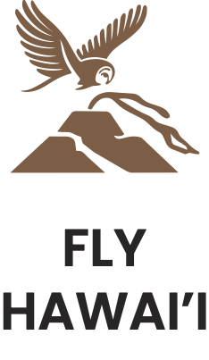 Logo with a flying owl over a mountain and text 'Fly Hawai'i' below.