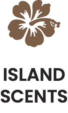 Brown hibiscus flower above 'Island Scents' text.