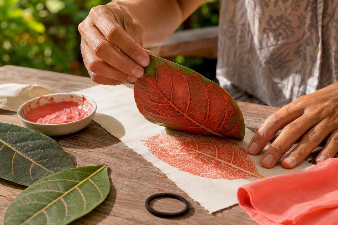 Leaf print pressed onto fabric