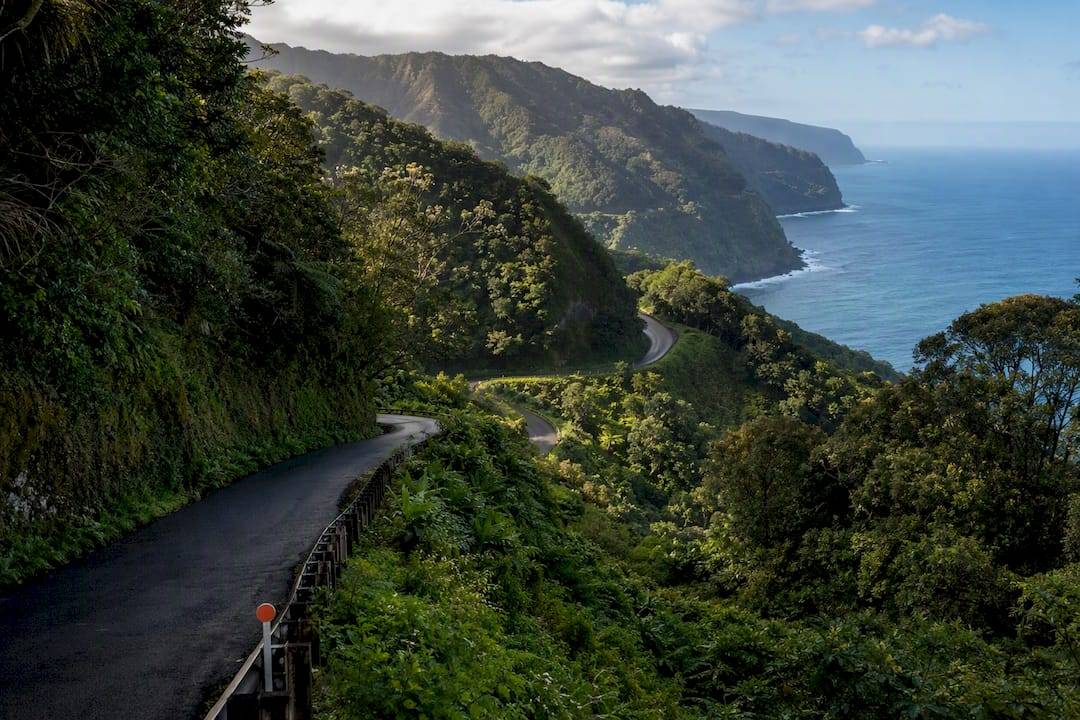 Winding Hana Highway through lush Maui rainforest