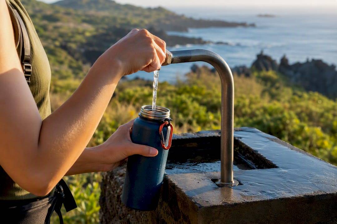 Traveler refilling a reusable bottle in Hawaii