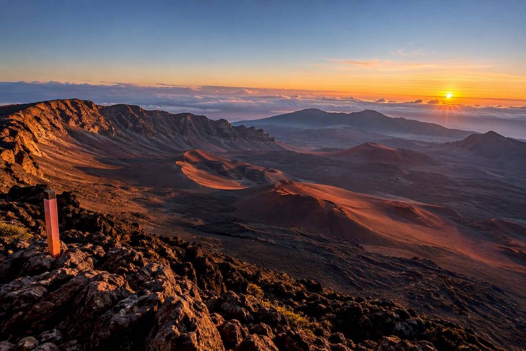 Haleakala crater glowing at sunrise
